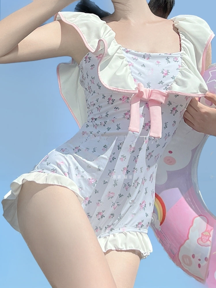 High-Value Swimsuit New Cute Girl Soft Sister Pink And Tender One-Piece Ruffled Floral - Jam Garden