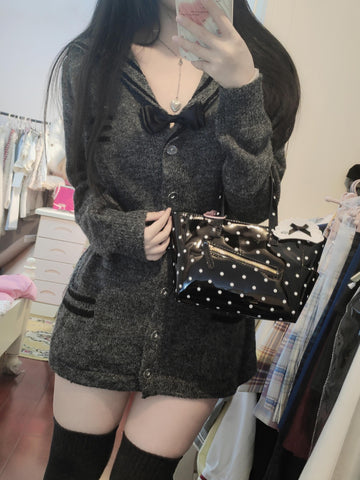 Girly sailor long-sleeved floral gray mohair knitted coat dress