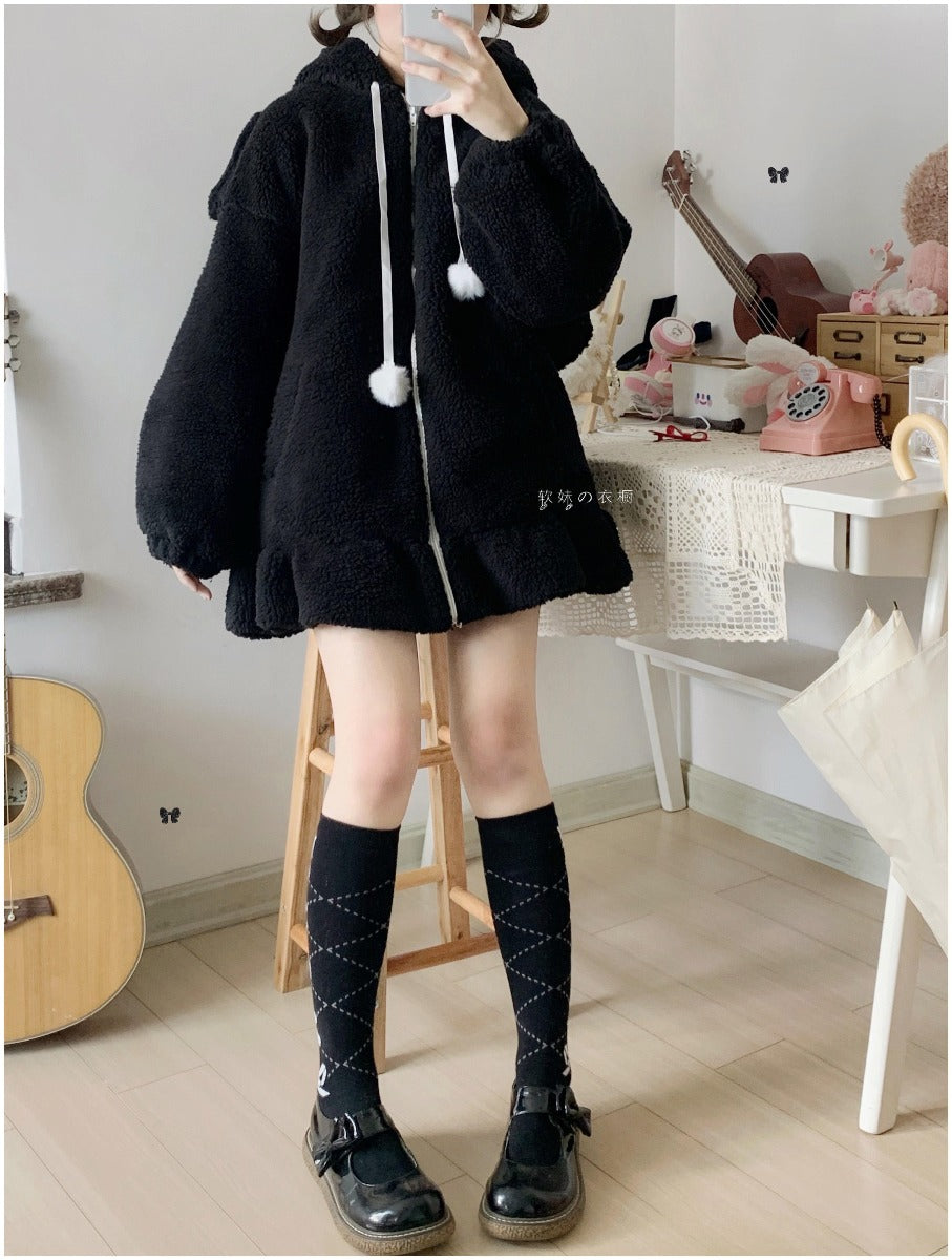 Japanese Soft Girl Lamb Hair Black Rabbit Ear Coat