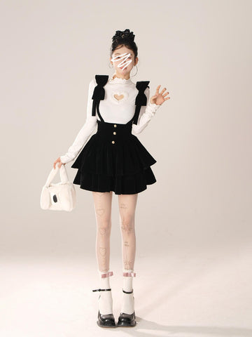 Black Bow Velvet Suspender Skirt Spring New A-Line Cake Skirt