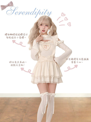Serendipity Fluffy Nana white top + white suspender skirt