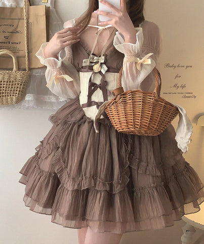 Sleepingdoll bow jacquard retro suspender puff dress