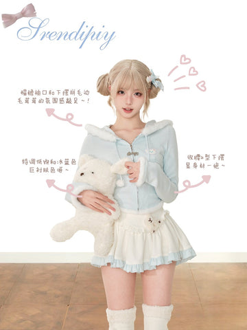 Serendipity Snow mud baby blue bow cute coat + skirt two-piece set