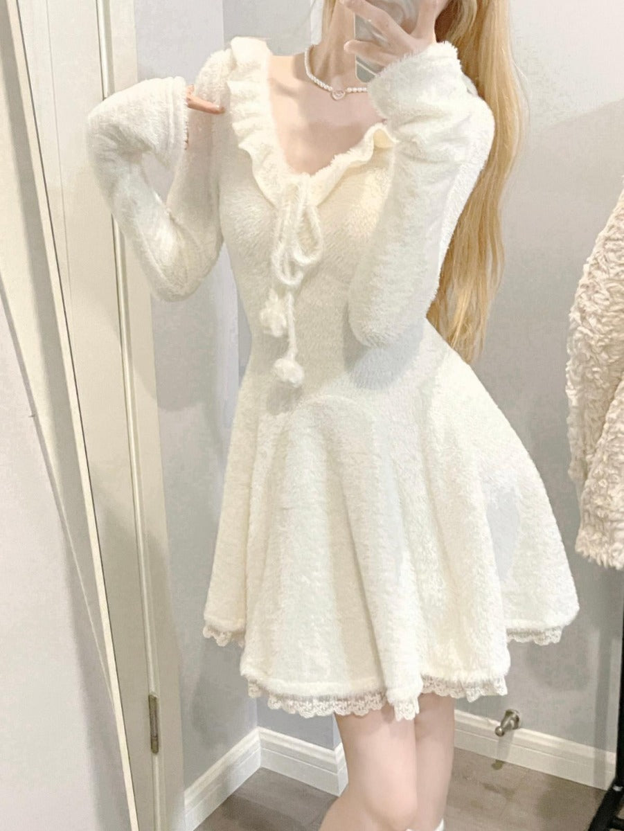 Ruibbit White Furry Lace Dress Plush Knit