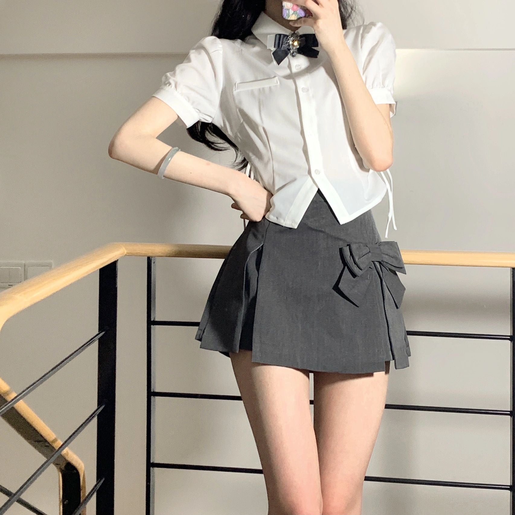 Puff Sleeve White Shirt Top Design Female Niche Jk Short-Sleeved Waist Skirt Suit - Jam Garden