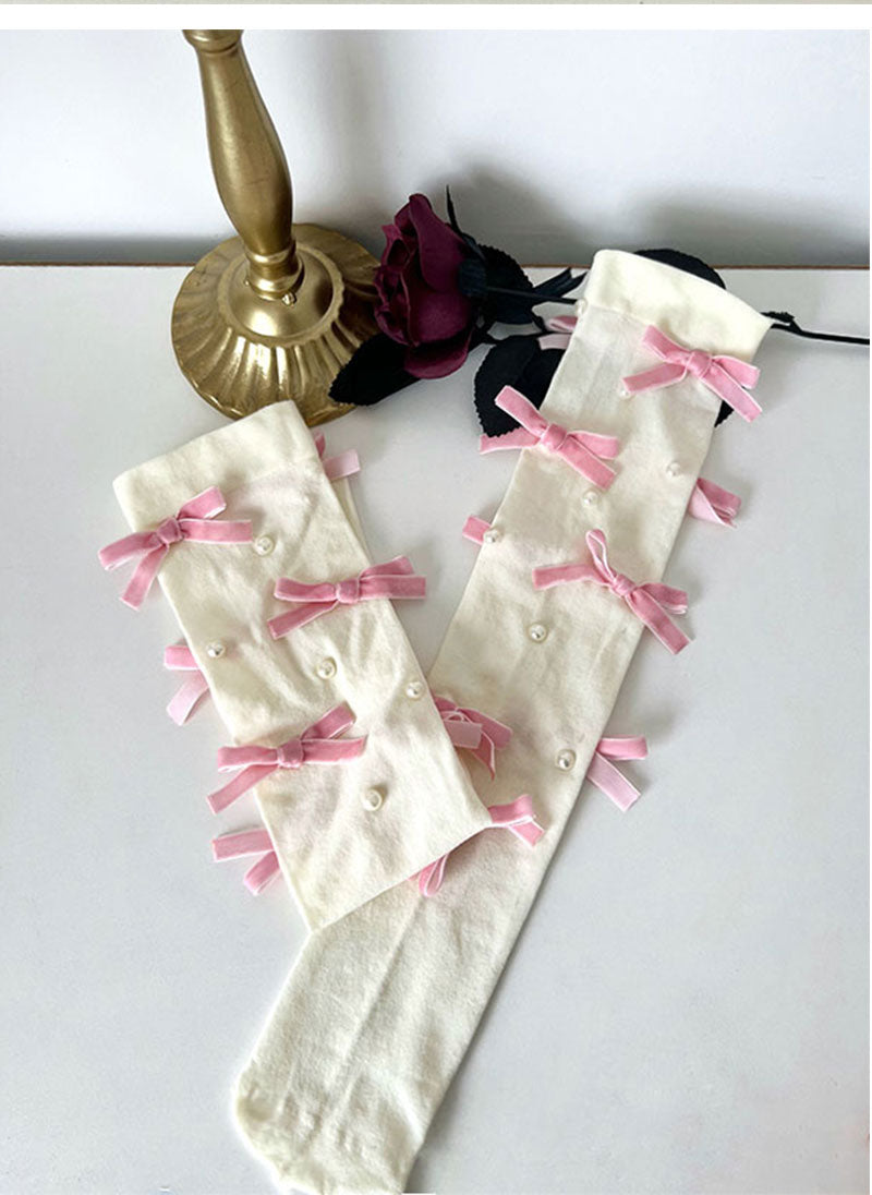 Sweet Lolita Socks with Velvet Pearl Bow - Jam Garden