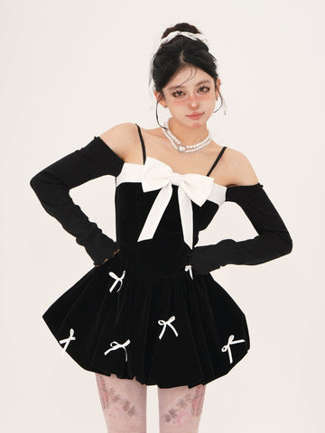 Black one shoulder bow suspender long sleeve dress