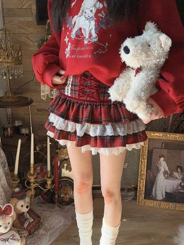 Bobon21 New Year Red Plaid College Plaid Lace Short Skirt Puff Skirt