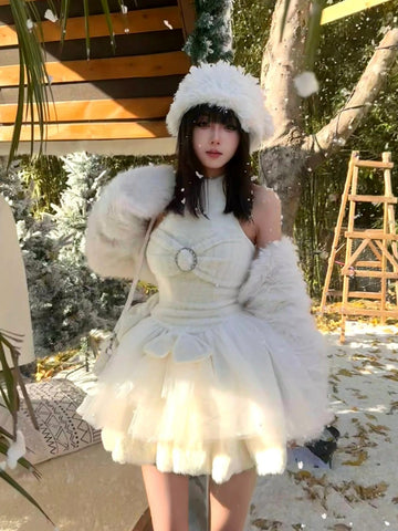 Sweet and Spicy White Halter Neck Puff Winter Two-Piece Set for Women