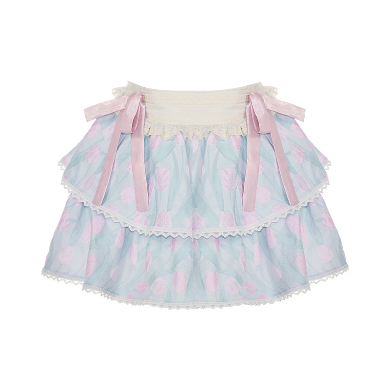 Summer Pink Blue Color Matching Short-Sleeved Top A-Line Skirt Suit - Jam Garden