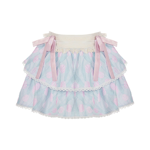 Summer Pink Blue Color Matching Short-Sleeved Top A-Line Skirt Suit - Jam Garden
