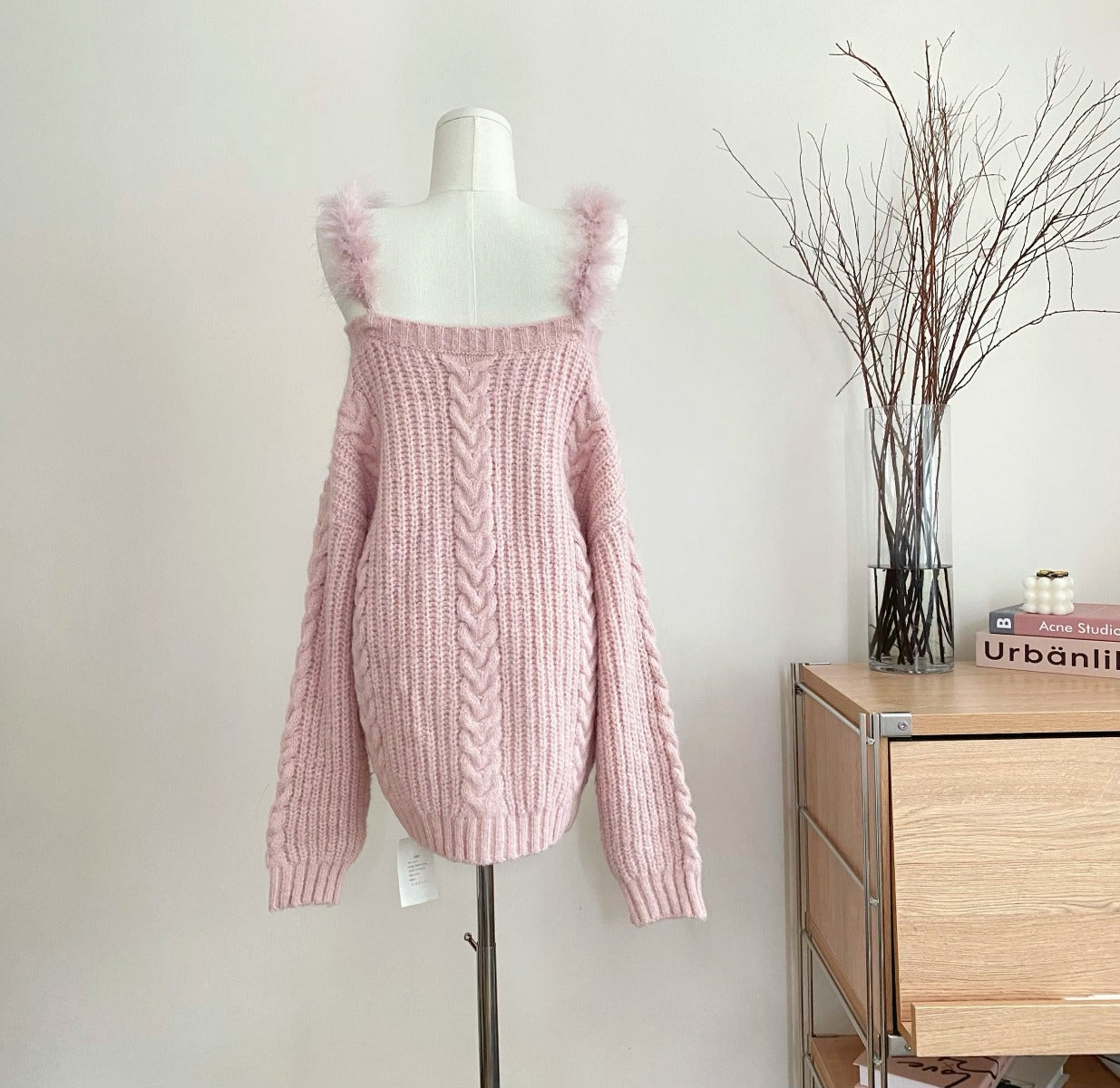 Detachable Plush Knitted Cardigan New Pink Sweater Jacket