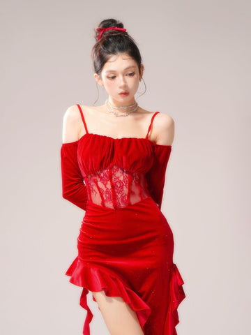 Red lace irregular new style one-shoulder dress long skirt