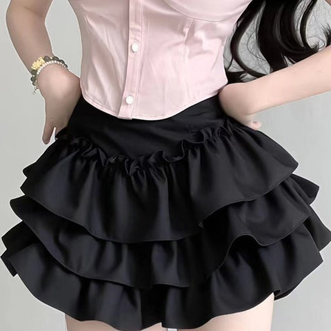 Elastic Waist Cute Shirt with Tie Layered Mini Skirt - Jam Garden