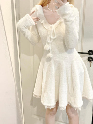 Ruibbit White Furry Lace Dress Plush Knit