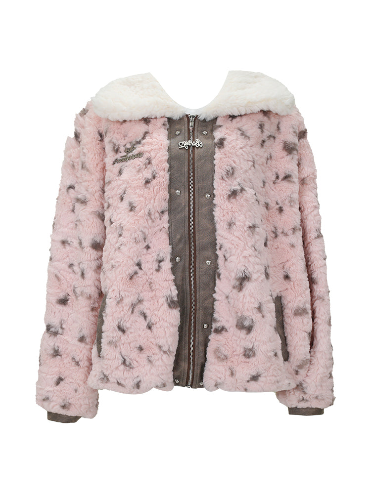 Pink Floral Lapel Zipper Woolen Coat Outer Suit