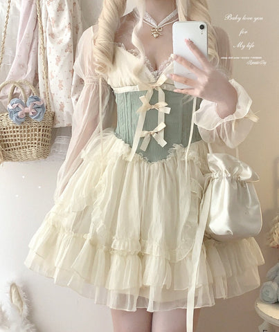 Sleepingdoll bow jacquard retro suspender puff dress