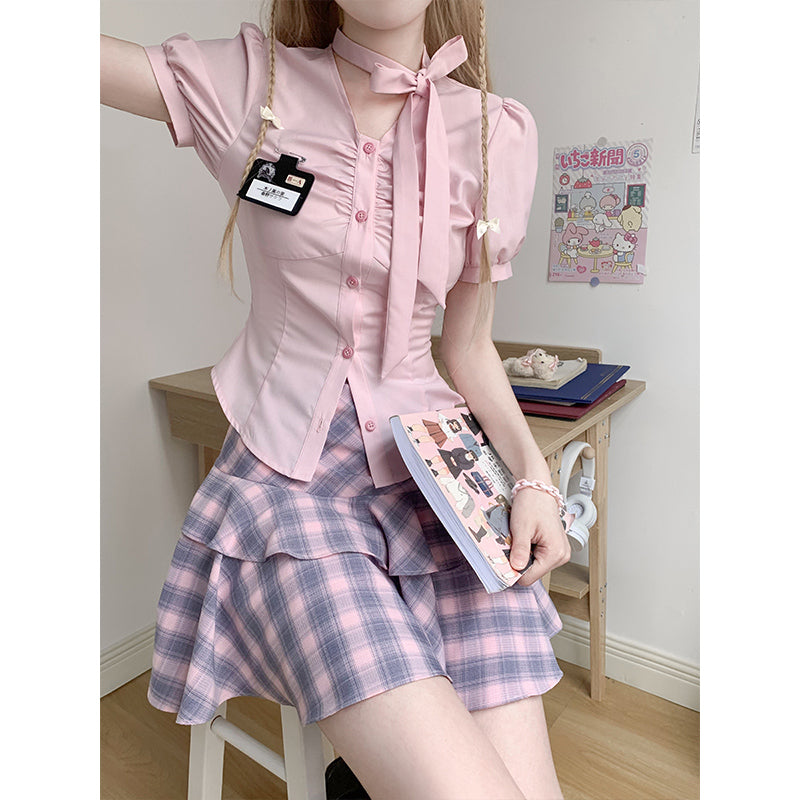 Ke Luli Small Sweet And Spicy Waist Shirt Preppy Style Slim Plaid Skirt Suit - Jam Garden