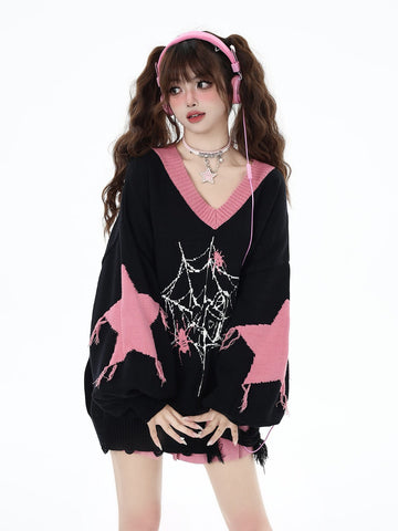 Original dark sweet cool star loose knitted v-neck pullover sweater