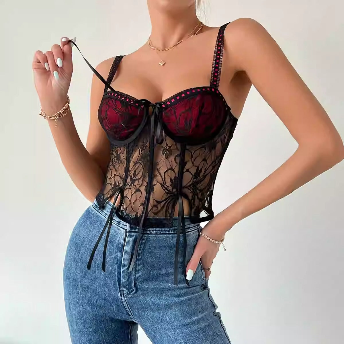 Sexy hot sale lace suspenders + short skirt set