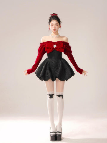Red one-shoulder bow suspender long-sleeved dress