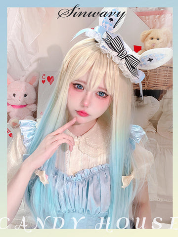 Yellow and blue gradient cute sweet wig soft girl original Lolita long straight hair