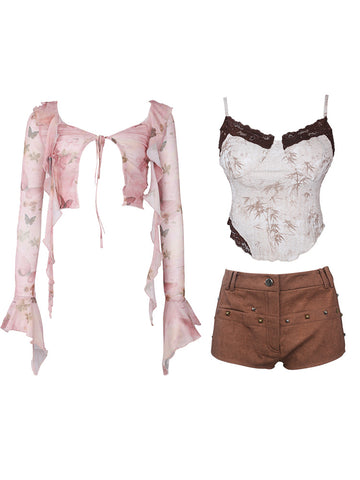 Serendipity Mulan Broken Butterfly pink butterfly cardigan + beige suspenders + coffee shorts