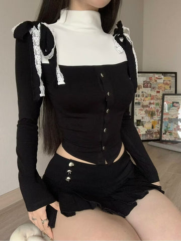 Hot Girl Half Turtle Collar Color Block Slim Bow Bottoming Top Pleated Skirt Suit