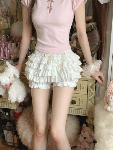 Bobon21 cream doll satin layered bubble shorts