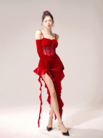 Red lace irregular new style one-shoulder dress long skirt