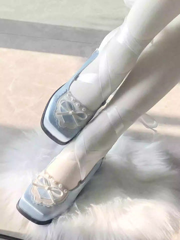 Square toe mid heel satin pearl elegant loli