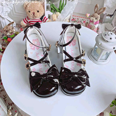 Original lo shoes sweet round toe mid heel bow Lolita