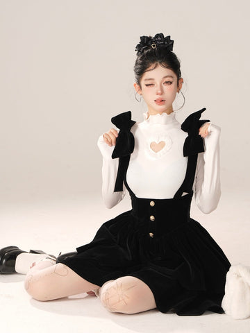 Black Bow Velvet Suspender Skirt Spring New A-Line Cake Skirt