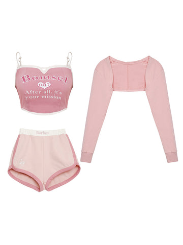 [Pink Cherry Blossoms] - Pink Cardigan Camisole High Waist Shorts Set - Jam Garden
