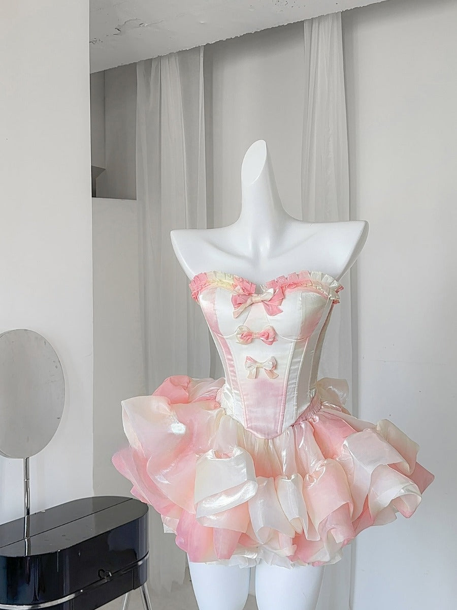 [SET] Pink Shimmer Top + High-end Fluffy Skirt Two-piece Set - Jam Garden