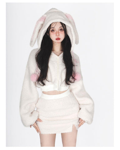[Rabbit Ears] - Hooded Plush Top Short Skirt Set - Jam Garden