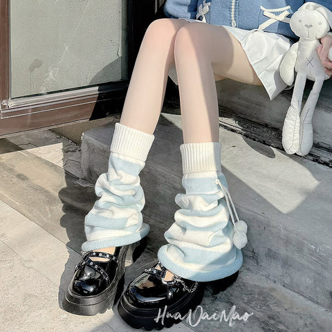 Cute Pom-pom Aqua Blue and White Subculture Socks Knitted Leg Warmer