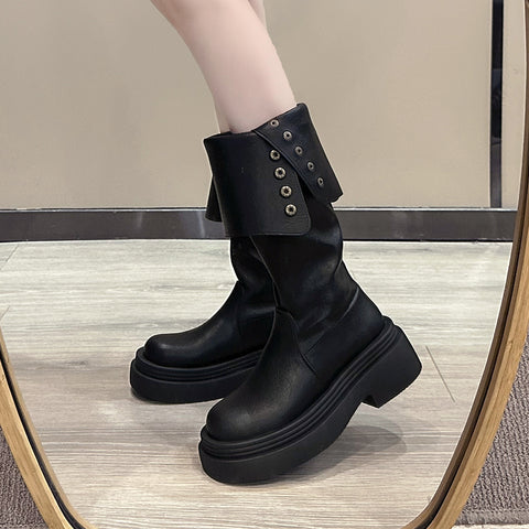 Black retro American thick-heeled platform boots