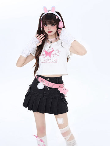 Original sweet and cool bow strap right shoulder slimming short T-shirt
