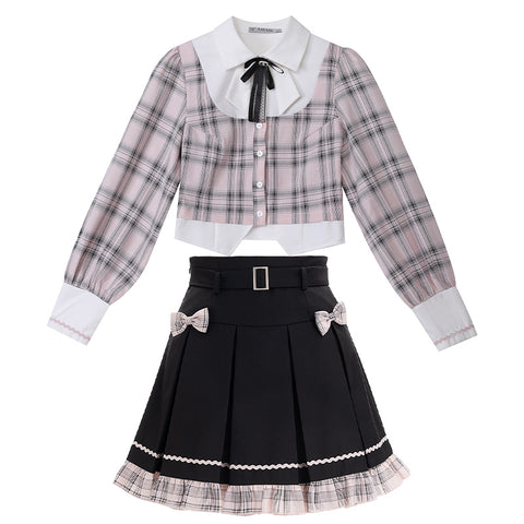 College Style Retro Plaid Shirt Fake Two-piece Pleated Skirt Suit