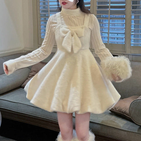 Girly Sweet Japanese Cute White Plush Bow Suspender Dress