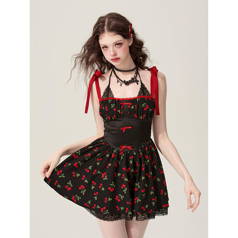 Dolly baby Little Cherry Black Halter Neck Floral Dress