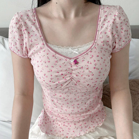 Vintage Tang Pastoral girl floral lace short-sleeved T-shirt