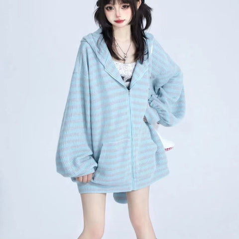 Autumn New Cute Loose Casual Striped Rabbit Ears Knitted Hooded Cardigan Jacket Design Sense Tops - Jam Garden