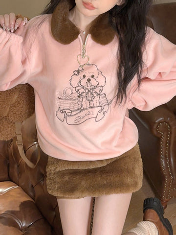 Cute Sweet Embroidered Patchwork Fur Collar Plush Sweatshirt Top