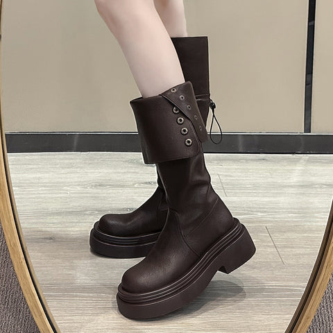 Black retro American thick-heeled platform boots