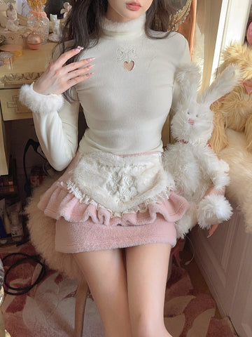 Winter Bow Embroidered Love Half Turtleneck Plush Sweater