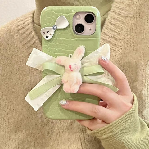 Korean Style Ins Leather Pattern Bowknot Rabbit Phone Case - Jam Garden