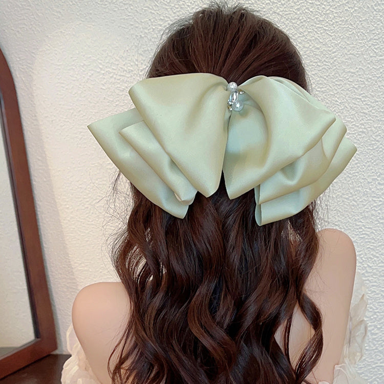 Pearl Satin Big Bow Headdress Spring Clip High-Quality Clip Black Hairpin Hair Accessories - Jam Garden