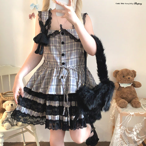 sleepingdoll Plaid Dark Abyssin Lace Suspender Skirt Set